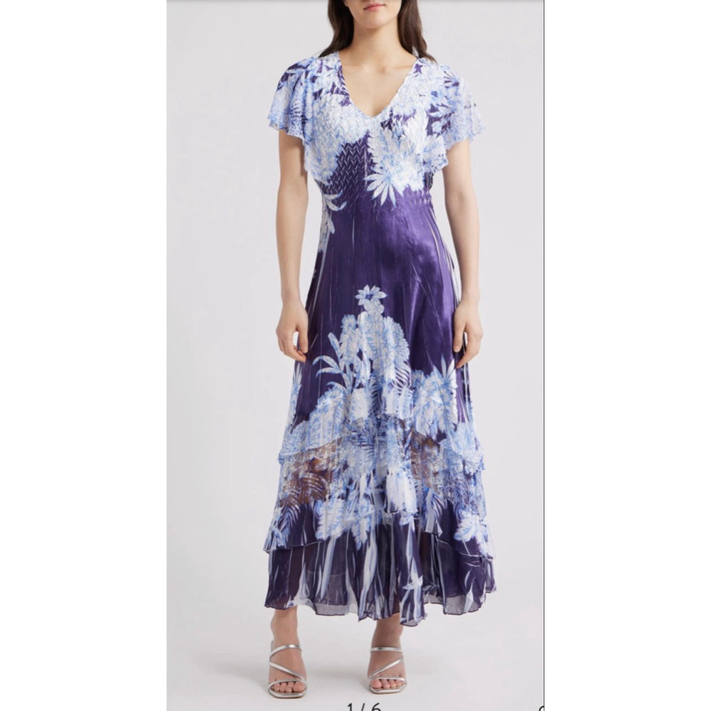 New Komarov Purple Blue Indigo Tropics Flutter Sleeve Cocktail Dress L